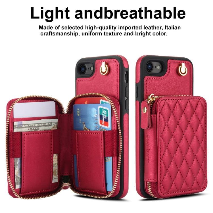 For iPhone 7 / 8 / SE 2022 AwQuer Crossbody Zipper Wallet Rhombic Leather Back Phone Case(Red)