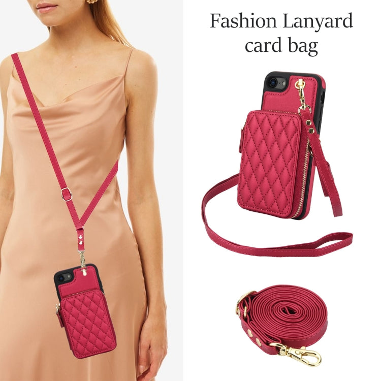 For iPhone 7 / 8 / SE 2022 AwQuer Crossbody Zipper Wallet Rhombic Leather Back Phone Case(Red)