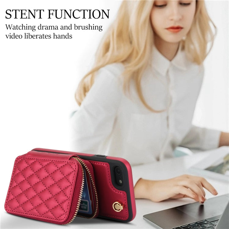 For iPhone 7 / 8 / SE 2022 AwQuer Crossbody Zipper Wallet Rhombic Leather Back Phone Case(Red)