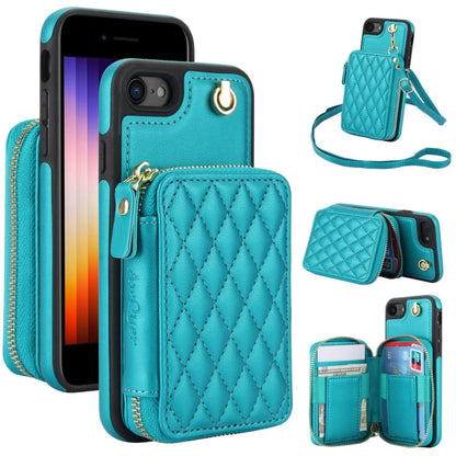 For iPhone 7 / 8 / SE 2022 AwQuer Crossbody Zipper Wallet Rhombic Leather Back Phone Case(Green)