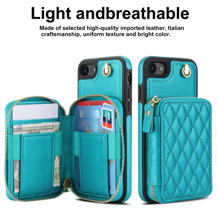 For iPhone 7 / 8 / SE 2022 AwQuer Crossbody Zipper Wallet Rhombic Leather Back Phone Case(Green)