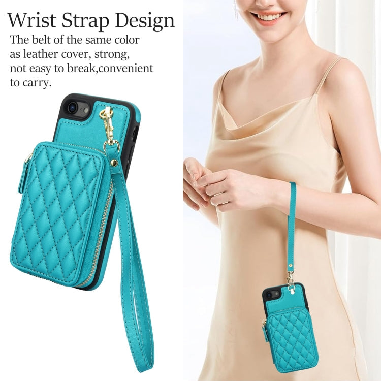 For iPhone 7 / 8 / SE 2022 AwQuer Crossbody Zipper Wallet Rhombic Leather Back Phone Case(Green)