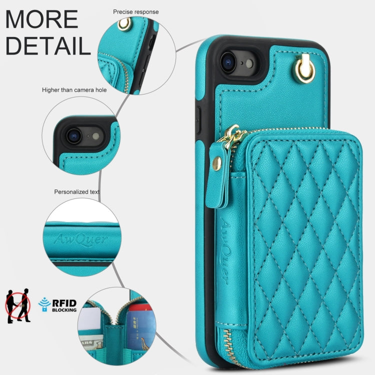 For iPhone 7 / 8 / SE 2022 AwQuer Crossbody Zipper Wallet Rhombic Leather Back Phone Case(Green)