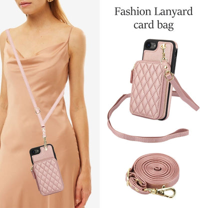 For iPhone 7 / 8 / SE 2022 AwQuer Crossbody Zipper Wallet Rhombic Leather Back Phone Case(Rose Gold)