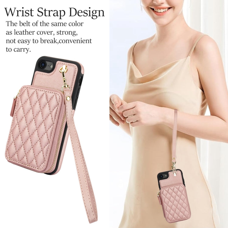 For iPhone 7 / 8 / SE 2022 AwQuer Crossbody Zipper Wallet Rhombic Leather Back Phone Case(Rose Gold)