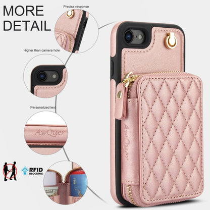 For iPhone 7 / 8 / SE 2022 AwQuer Crossbody Zipper Wallet Rhombic Leather Back Phone Case(Rose Gold)