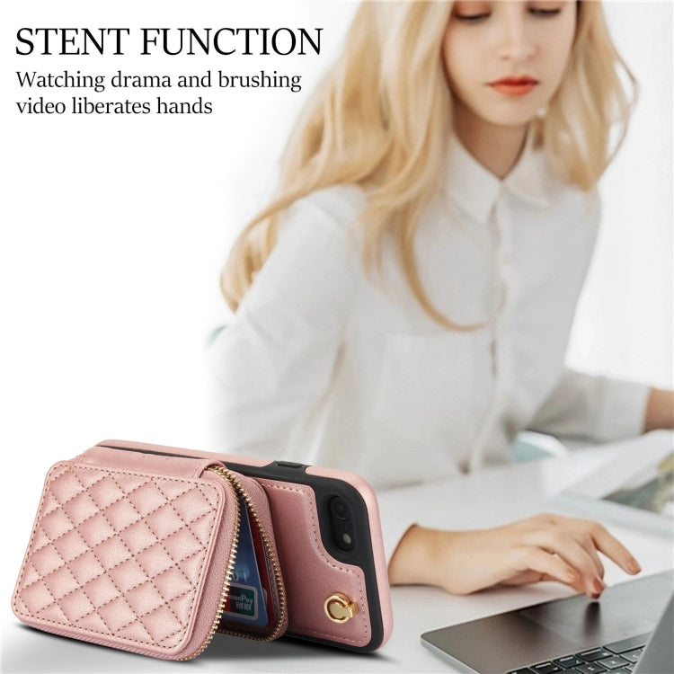 For iPhone 7 / 8 / SE 2022 AwQuer Crossbody Zipper Wallet Rhombic Leather Back Phone Case(Rose Gold)