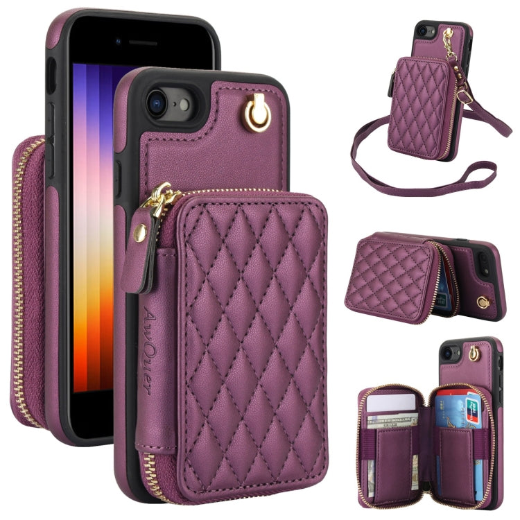 For iPhone 7 / 8 / SE 2022 AwQuer Crossbody Zipper Wallet Rhombic Leather Back Phone Case(Dark Purple)