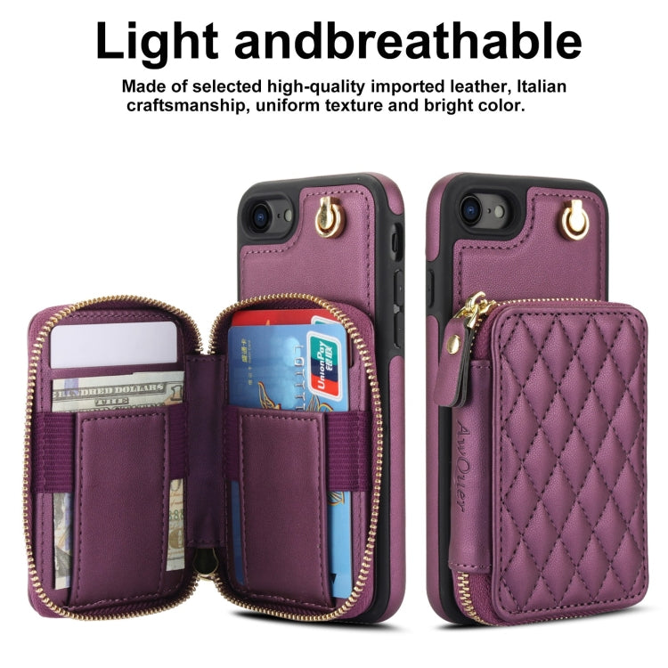 For iPhone 7 / 8 / SE 2022 AwQuer Crossbody Zipper Wallet Rhombic Leather Back Phone Case(Dark Purple)