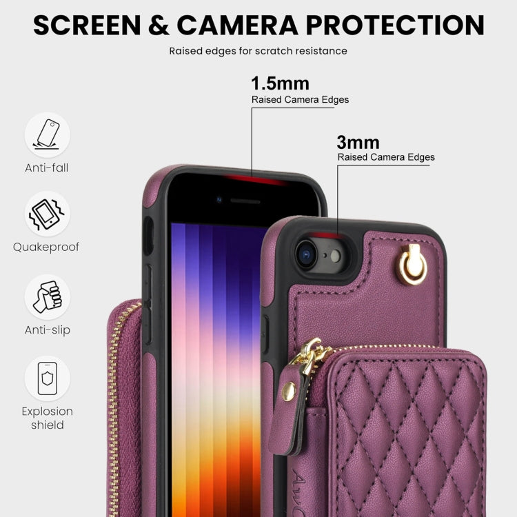 For iPhone 7 / 8 / SE 2022 AwQuer Crossbody Zipper Wallet Rhombic Leather Back Phone Case(Dark Purple)