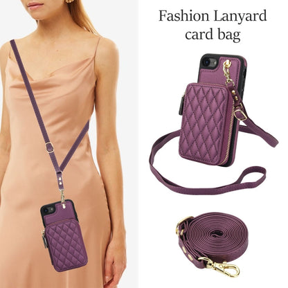 For iPhone 7 / 8 / SE 2022 AwQuer Crossbody Zipper Wallet Rhombic Leather Back Phone Case(Dark Purple)