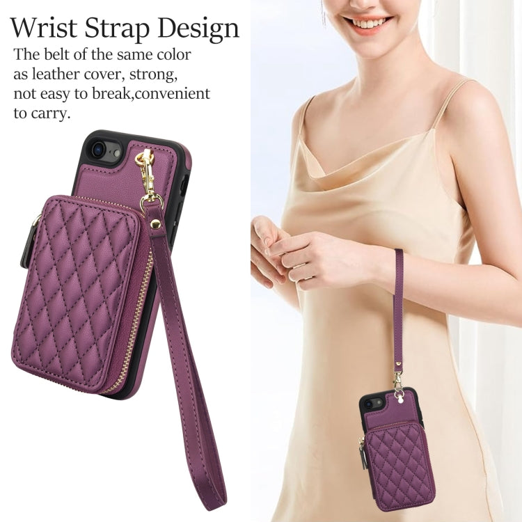 For iPhone 7 / 8 / SE 2022 AwQuer Crossbody Zipper Wallet Rhombic Leather Back Phone Case(Dark Purple)