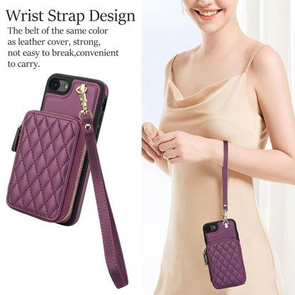 For iPhone 7 / 8 / SE 2022 AwQuer Crossbody Zipper Wallet Rhombic Leather Back Phone Case(Dark Purple)