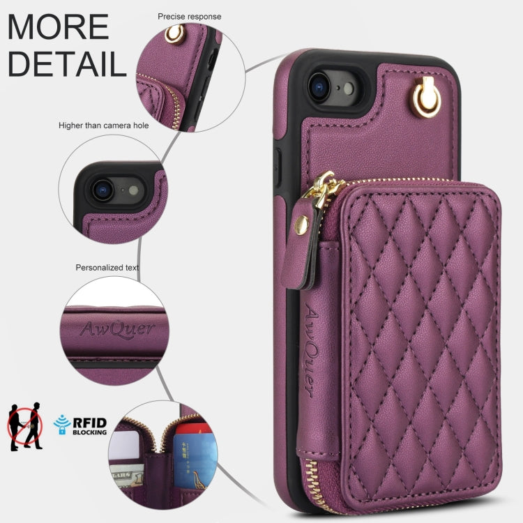 For iPhone 7 / 8 / SE 2022 AwQuer Crossbody Zipper Wallet Rhombic Leather Back Phone Case(Dark Purple)