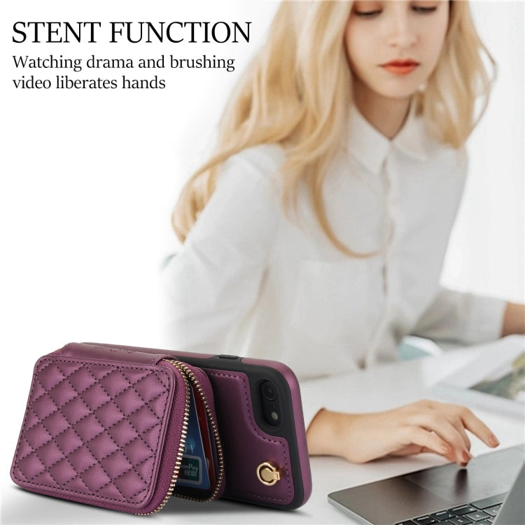 For iPhone 7 / 8 / SE 2022 AwQuer Crossbody Zipper Wallet Rhombic Leather Back Phone Case(Dark Purple)