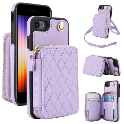For iPhone 7 / 8 / SE 2022 AwQuer Crossbody Zipper Wallet Rhombic Leather Back Phone Case(Purple)