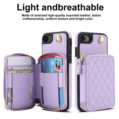 For iPhone 7 / 8 / SE 2022 AwQuer Crossbody Zipper Wallet Rhombic Leather Back Phone Case(Purple)
