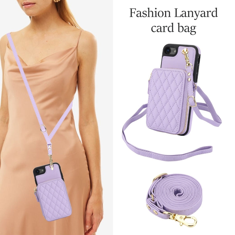 For iPhone 7 / 8 / SE 2022 AwQuer Crossbody Zipper Wallet Rhombic Leather Back Phone Case(Purple)