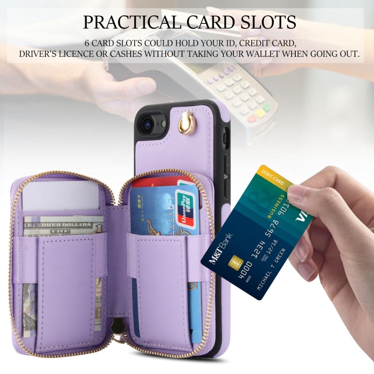 For iPhone 7 / 8 / SE 2022 AwQuer Crossbody Zipper Wallet Rhombic Leather Back Phone Case(Purple)