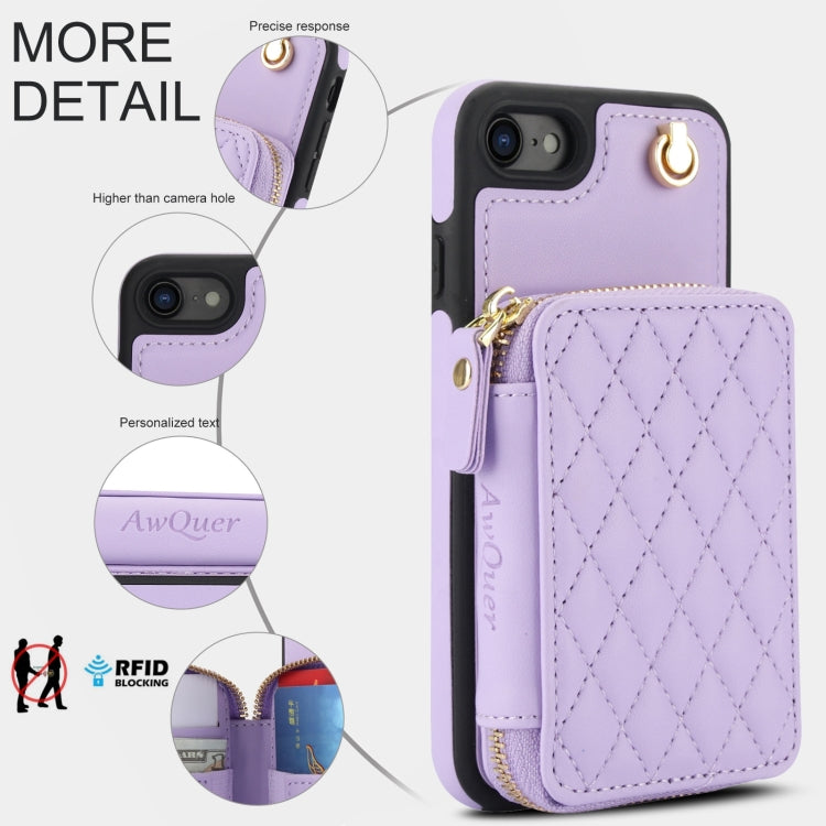For iPhone 7 / 8 / SE 2022 AwQuer Crossbody Zipper Wallet Rhombic Leather Back Phone Case(Purple)