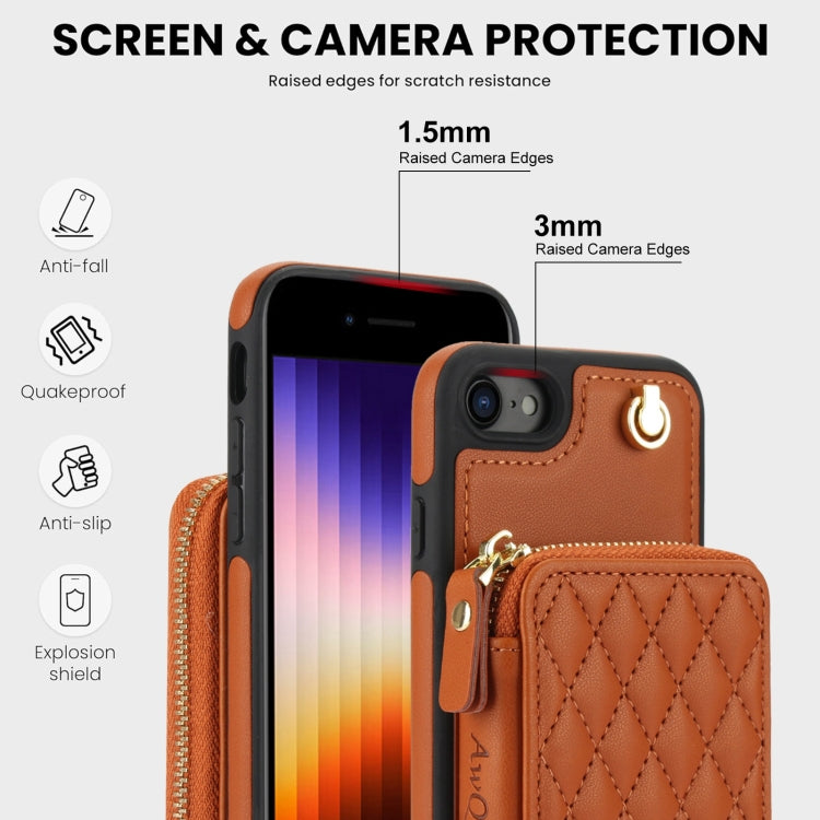 For iPhone 7 / 8 / SE 2022 AwQuer Crossbody Zipper Wallet Rhombic Leather Back Phone Case(Brown)