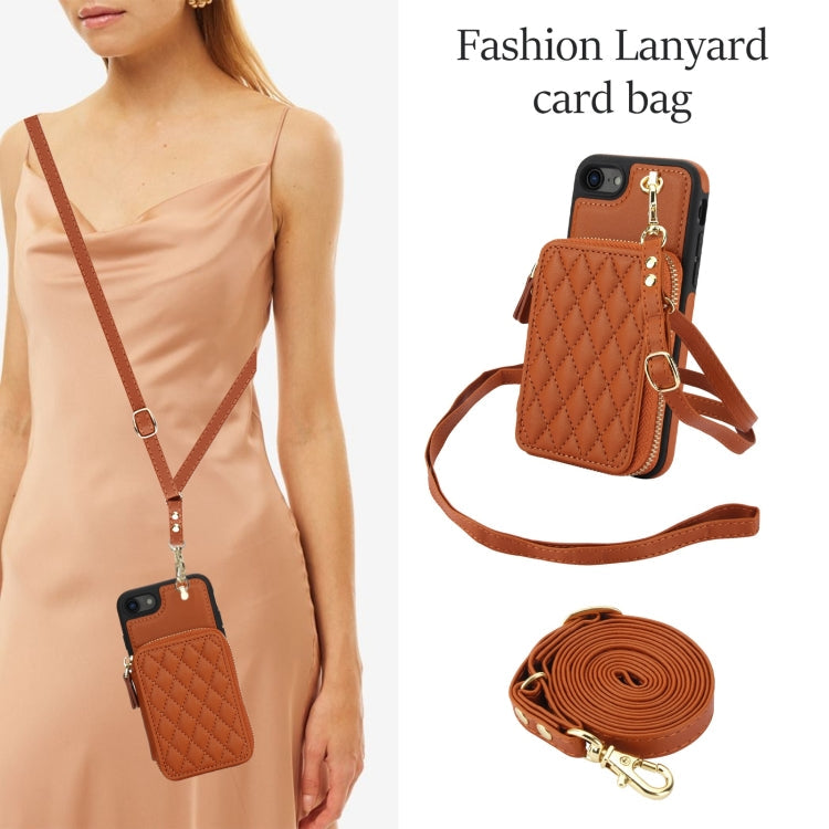 For iPhone 7 / 8 / SE 2022 AwQuer Crossbody Zipper Wallet Rhombic Leather Back Phone Case(Brown)