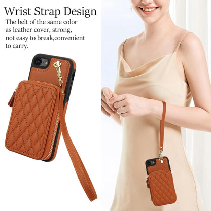 For iPhone 7 / 8 / SE 2022 AwQuer Crossbody Zipper Wallet Rhombic Leather Back Phone Case(Brown)