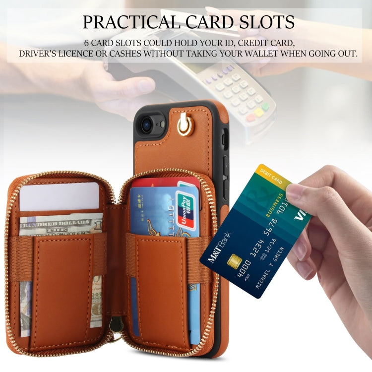 For iPhone 7 / 8 / SE 2022 AwQuer Crossbody Zipper Wallet Rhombic Leather Back Phone Case(Brown)