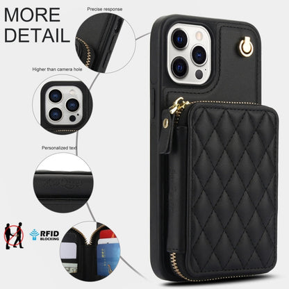 For iPhone 13 Pro Max AwQuer Crossbody Zipper Wallet Rhombic Leather Back Phone Case(Black)