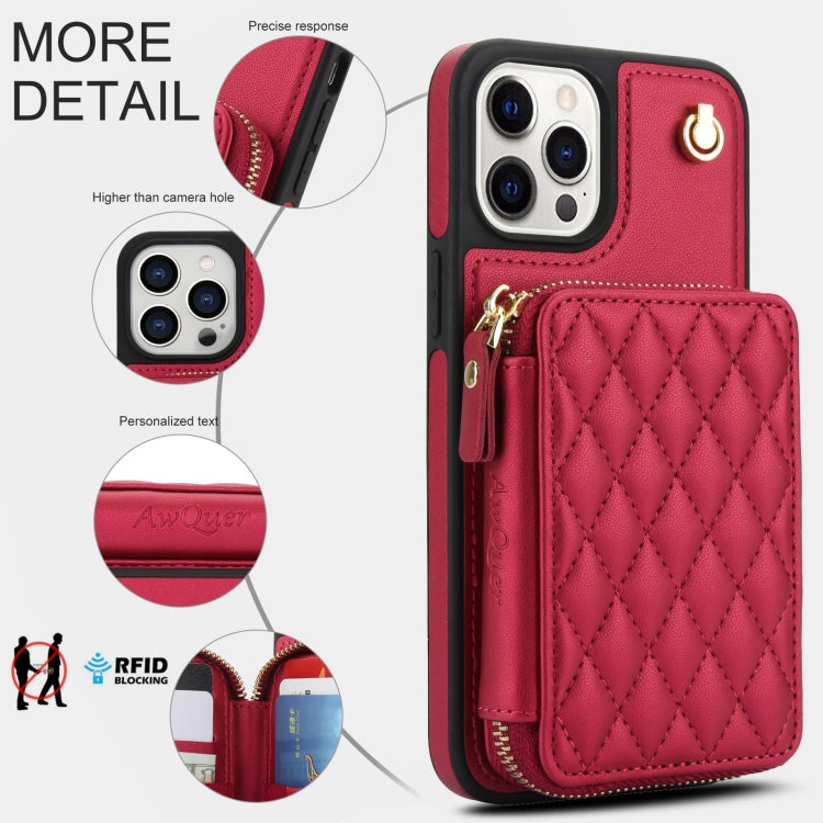 For iPhone 13 Pro Max AwQuer Crossbody Zipper Wallet Rhombic Leather Back Phone Case(Red)