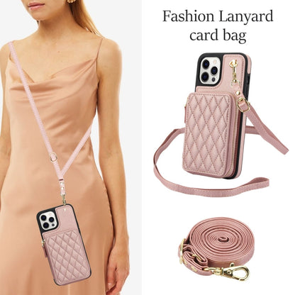 For iPhone 13 Pro Max AwQuer Crossbody Zipper Wallet Rhombic Leather Back Phone Case(Rose Gold)