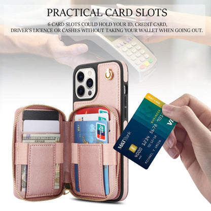For iPhone 13 Pro Max AwQuer Crossbody Zipper Wallet Rhombic Leather Back Phone Case(Rose Gold)