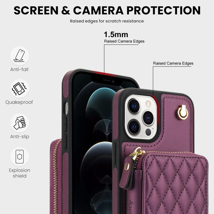 For iPhone 13 Pro Max AwQuer Crossbody Zipper Wallet Rhombic Leather Back Phone Case(Dark Purple)