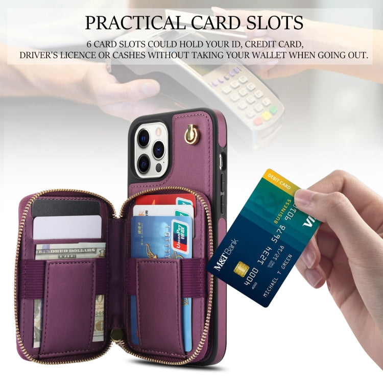 For iPhone 13 Pro Max AwQuer Crossbody Zipper Wallet Rhombic Leather Back Phone Case(Dark Purple)