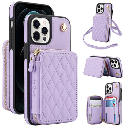 Pour iPhone 13 Pro Max Étui portefeuille croisé zippé AwQuer en cuir losangique (violet)