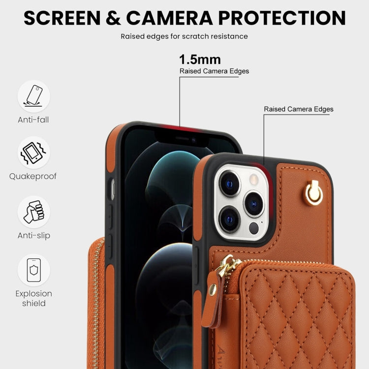 For iPhone 13 Pro Max AwQuer Crossbody Zipper Wallet Rhombic Leather Back Phone Case(Brown)