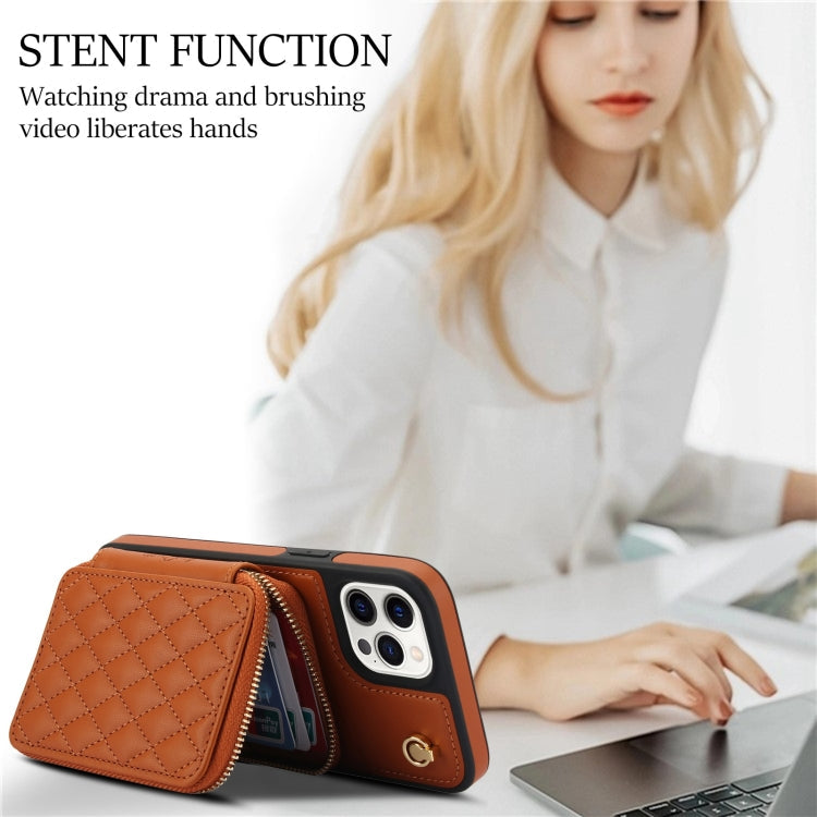 For iPhone 13 Pro Max AwQuer Crossbody Zipper Wallet Rhombic Leather Back Phone Case(Brown)