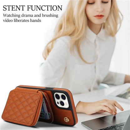For iPhone 13 Pro Max AwQuer Crossbody Zipper Wallet Rhombic Leather Back Phone Case(Brown)