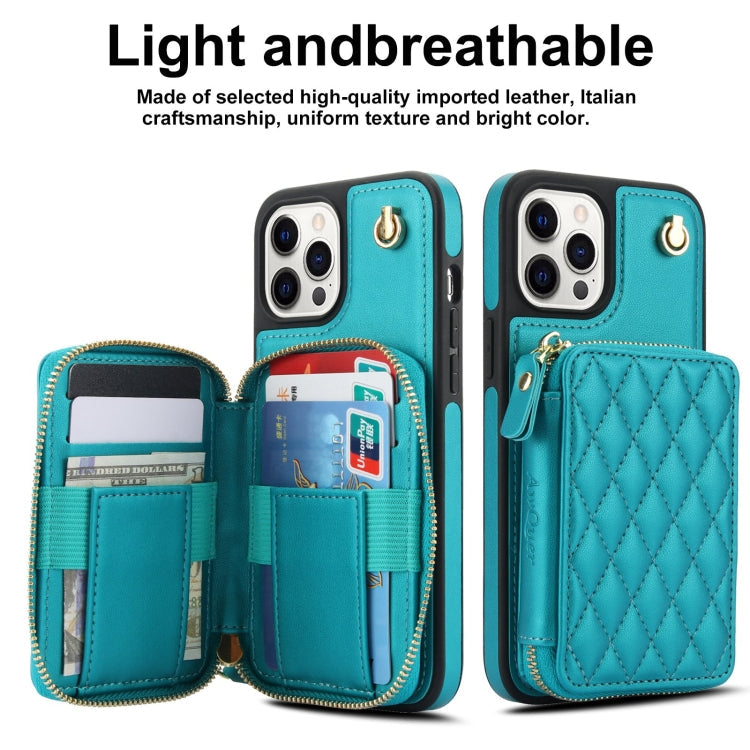 For iPhone 13 Pro AwQuer Crossbody Zipper Wallet Rhombic Leather Back Phone Case(Green)