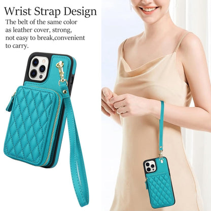 For iPhone 13 Pro AwQuer Crossbody Zipper Wallet Rhombic Leather Back Phone Case(Green)