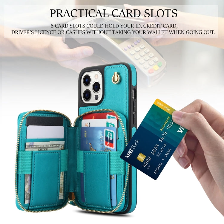 For iPhone 13 Pro AwQuer Crossbody Zipper Wallet Rhombic Leather Back Phone Case(Green)