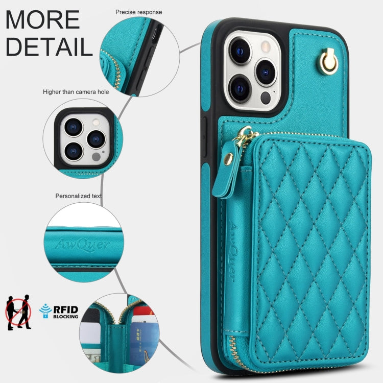 For iPhone 13 Pro AwQuer Crossbody Zipper Wallet Rhombic Leather Back Phone Case(Green)
