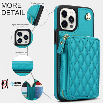 For iPhone 13 Pro AwQuer Crossbody Zipper Wallet Rhombic Leather Back Phone Case(Green)