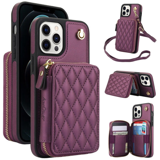 Pour iPhone 13 Pro AwQuer Sacoche Zippée en Cuir Rhomboïde pour Téléphone Portable (Violet Foncé)
