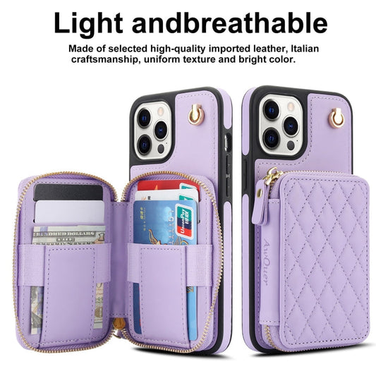 For iPhone 13 Pro AwQuer Crossbody Zipper Wallet Rhombic Leather Back Phone Case(Purple)