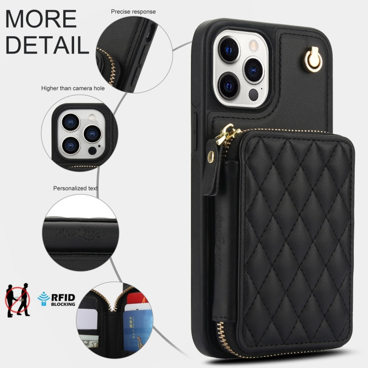 For iPhone 12 / 12 Pro AwQuer Crossbody Zipper Wallet Rhombic Leather Back Phone Case(Black)