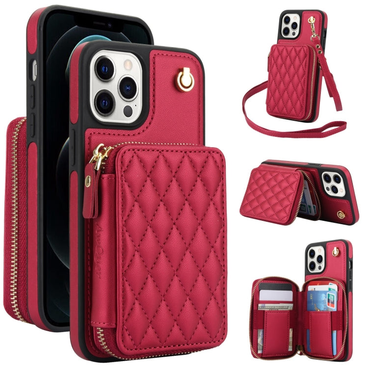 For iPhone 12 / 12 Pro AwQuer Crossbody Zipper Wallet Rhombic Leather Back Phone Case(Red)
