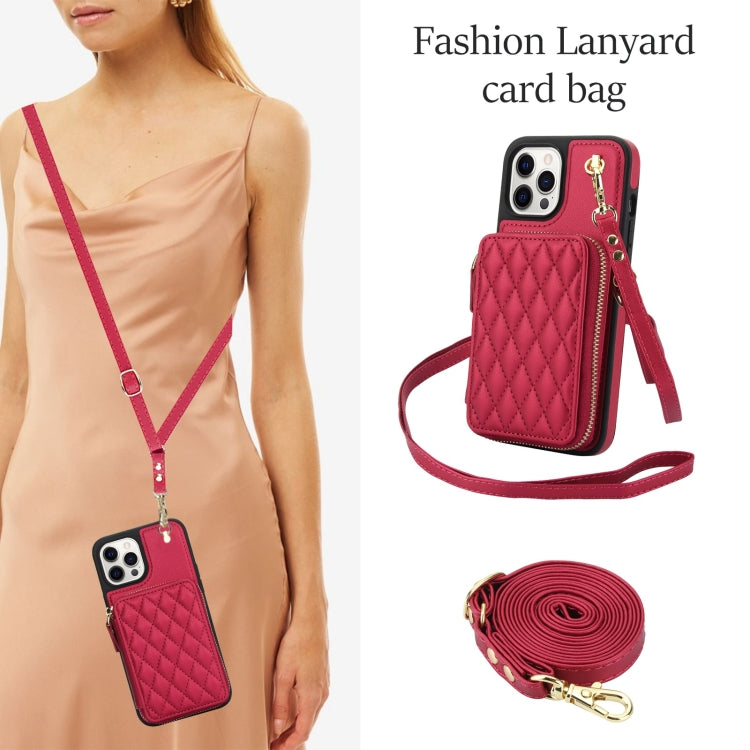 For iPhone 12 / 12 Pro AwQuer Crossbody Zipper Wallet Rhombic Leather Back Phone Case(Red)