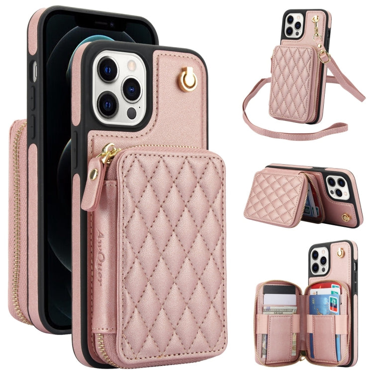For iPhone 12 / 12 Pro AwQuer Crossbody Zipper Wallet Rhombic Leather Back Phone Case(Rose Gold)