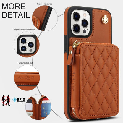 For iPhone 12 / 12 Pro AwQuer Crossbody Zipper Wallet Rhombic Leather Back Phone Case(Brown)